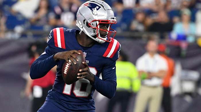 Aug 10, 2023; Foxborough, Massachusetts, USA; New England Patriots quarterback Malik Cunningham (16) during the second half against the New England Patriots at Gillette Stadium. Mandatory Credit: Eric Canha-USA TODAY Sports